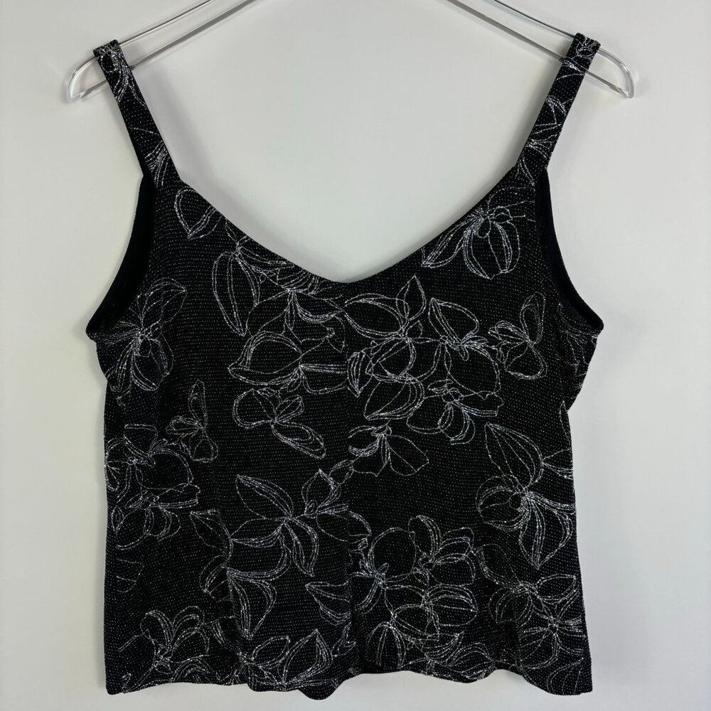 Vintage 90s Y2K top petite L black silver metallic floral new years fairy grunge - Picture 5 of 10